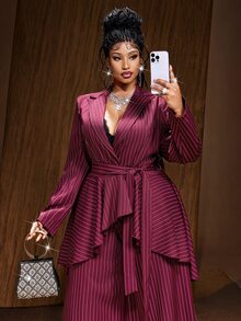 Maweii Plus Size Sexy Burgundy Striped Asymmetrical Hem Blazer And Pants Set - Burgundy - View 1