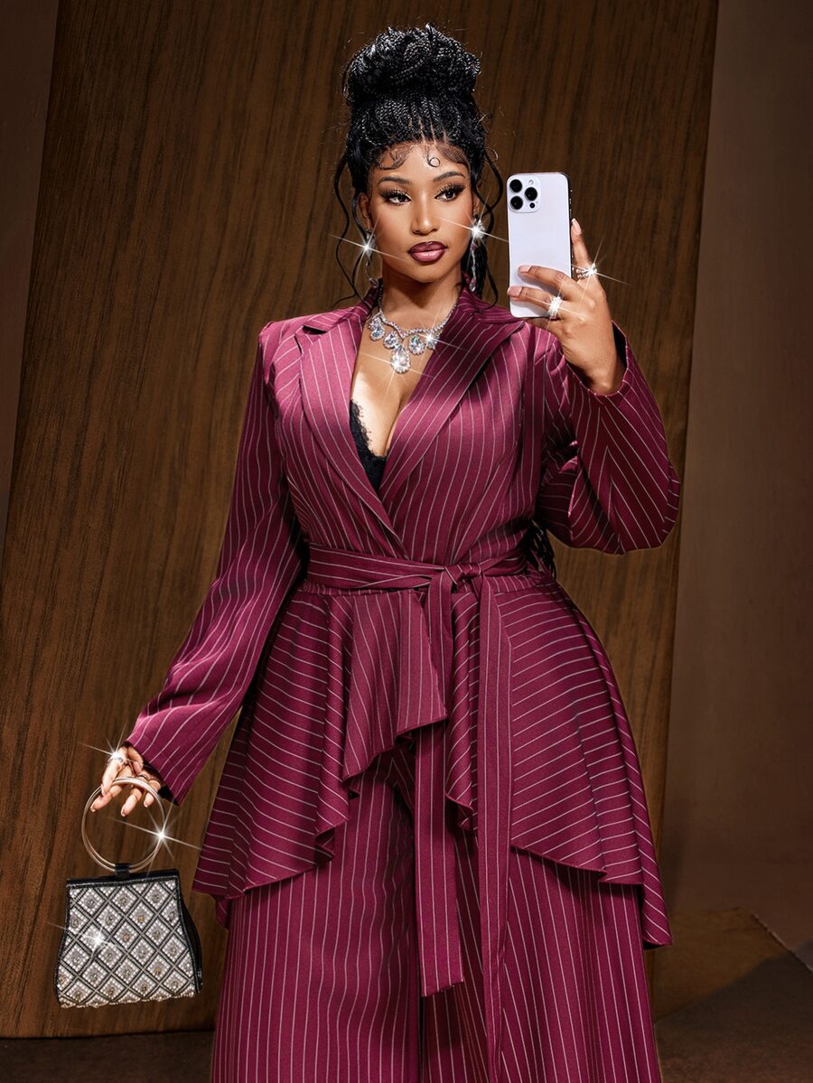 Maweii Plus Size Sexy Burgundy Striped Asymmetrical Hem Blazer And Pants Set - Burgundy - View 1