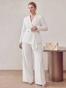 MOTF PREMIUM PLUS SIZE WOMEN'S ASYMMETRIC PLACKET MINIMALIST PROFESSIONAL BLAZER, DETACHABLE BELT - White - View 7