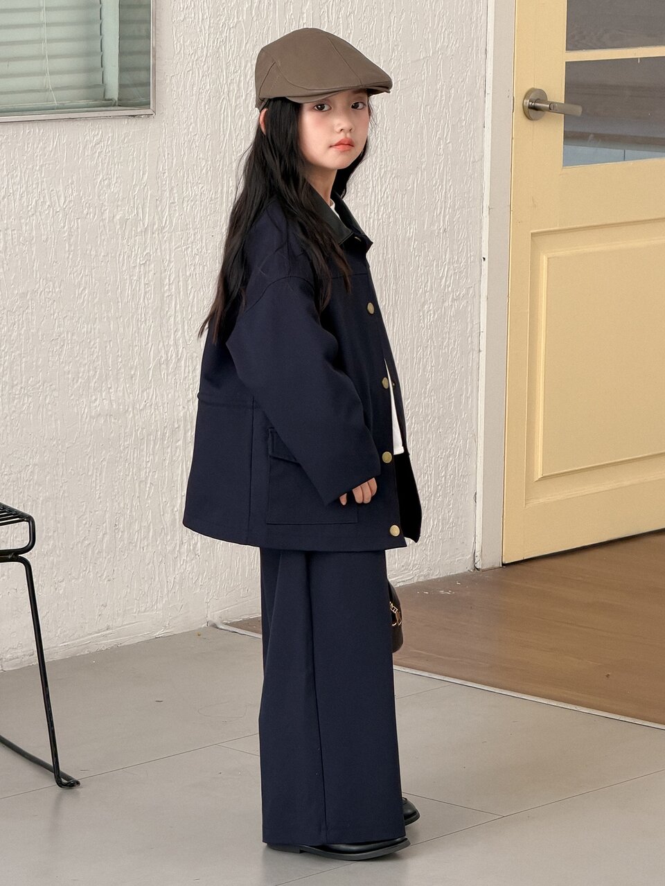 Girls (Big) Lapel PU Leather Patchwork Design Loose Long Sleeve Jacket + Straight Leg Pants Two Pieces Set