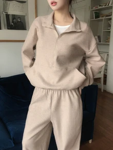 DAZY Solid Color Loose-Fitting Zip-Up Pullover Long-Sleeved Sweatshirt And Pants With Drawstring, Casual Vacation Sports Korean Style Autumn And Winter Thickened Women's Two Pieces Set - Grey - View 2