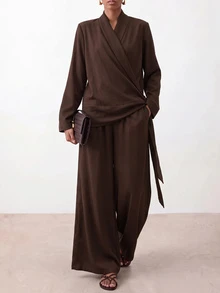 Zivah Solid Wrap Knot Side Blazer & Wide Leg Pants Suit Set - Brown - View 5