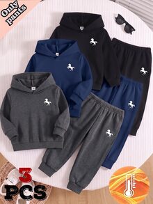 SHEIN 3件隨機款運動長褲，男孩極簡經典Logo圖案印花連帽衛衣與運動長褲套裝，適合秋冬戶外活動 - 黑色 - 查看 4