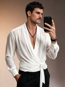 ZURIURI Men's Flowy Tie-Neck Elegant Luxury Long Sleeve Shirt - White - View 6
