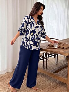 Weeklong Conjunto de 2 piezas para mujer talla grande con cuello de muesca, botones, estampado floral y estampado botánico de color contrastante, estampado aleatorio - Multicolor - Ver 3