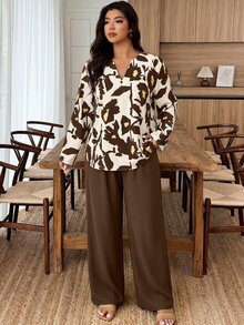 EMERY ROSE Women Plus Size Notch Collar Button Up Floral Print Contrast Color Botanical Print Set 2pcs Random Print - Multicolor - View 1