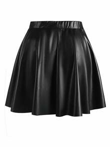 SHEIN PETITE تنورة سوبر ميني متعددة الاستخدامات للنساء من سلسلة Petite بحافة مظلية من مادة PU - الأسود - مشاهدة 2