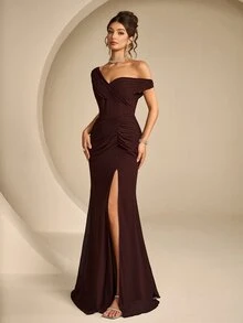 Coutiva Women's Solid Color Off-Shoulder Slit Design Elegant Waist-Cinching Formal Evening Gown Dress - Brown - View 3