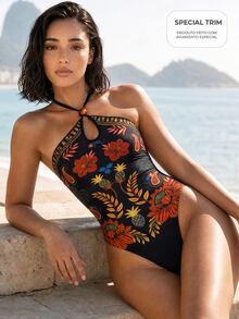 CAJUNI  Floral Print Halter Neck Casual Versatile Beach Wear One Piece Bikini - Multicolor - View 1