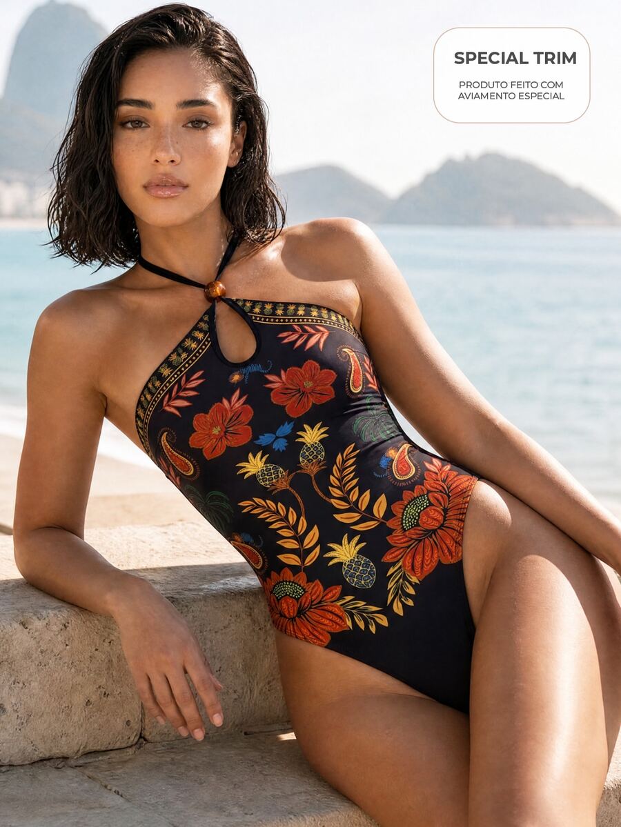 CAJUNI Floral Print Halter Neck Casual Versatile Beach Wear One Piece Bikini - Multicolor - View 1