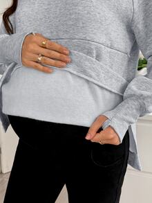 SHEIN Maternity Solid Color Round Neck Raglan Long Sleeve Casual Nursing Sweatshirt Winter - Grey - View 8
