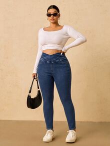 SHEIN MOD بنطلون جينز نسائي مقاس كبير بخصر غير متماثل للارتداء اليومي الكاجوال - أزرق متوسط - مشاهدة 6