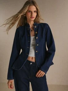 Poéselle Women's Fitted Tailored Denim Jacket With Gold Button Front And Curved Hem, Stand Collar - Dark Wash - View 3