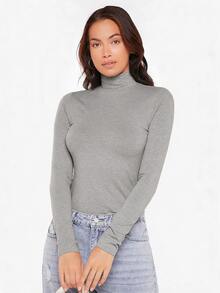 SHEIN BASICS 女款高領長袖羅紋針織修身T恤上衣，黑色 - 淺灰色 - 查看 1