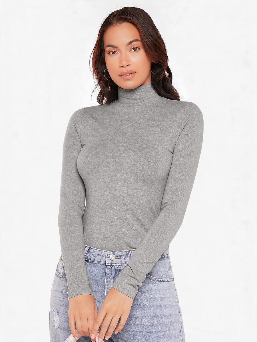 SHEIN BASICS 女款高領長袖羅紋針織修身T恤上衣,黑色 - 淺灰色 - 查看 1