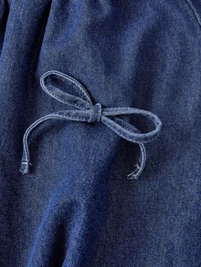 Sweetra Women's Bow Decor Elastic Waist Casual Denim Skirt - Dark Wash - View 3