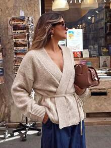 SHEIN Frenchy Women's Solid Color Drop Shoulder Long Sleeve Casual Knit Cardigan - Khaki - View 5