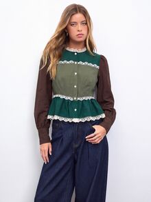 Nöista Blus Colorblock dengan Trim Renda dan Bentuk Peplum, Gaya Musim Gugur untuk Kantor dan Siang ke Malam - MultiWarna - View 3