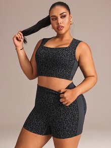 Easithlete Plus Size Leopard Print Crop Tank Top & High Waist Biker Shorts Sports Set - Black - View 3