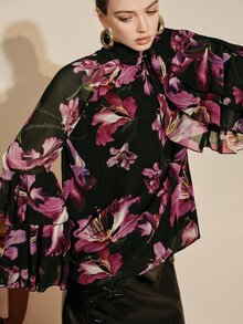 Arave Blus Wanita Bahan Chiffon Semi-Transparan dengan Bahu Jatuh, Potongan H, Kerah Berlipit Motif Bunga, dan Desain Lengan Berkerut untuk Perjalanan Sehari-hari - Hitam - View 8