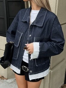 Dazy Tall Women's Striped Patchwork Loose Street Casual Denim Jacket - Dark Wash - View 5