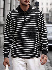 Manfinity CasualCool 男士條紋 Polo 衫，復古幾何提花休閒上衣 / 男士休閒通勤拼色長袖 Polo 衫 - 黑與白 - 查看 6