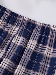 1 Set Girls' Plaid Pajama Set, Navy Blue Solid Color Half-Button Top, Blue & White Classic Plaid Print Pants, Soft Skin-Friendly Woven Fabric, Smooth Drape Comfortable (1 Set Sold Separately) - Multicolor - View 10