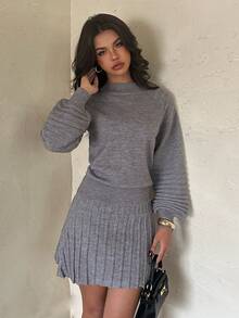 Aloruh Women's Autumn/Winter Pullover Sweater + Pleated Mini Skirt - Dark Grey - View 1