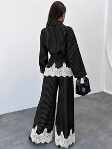 Firerie Women's Elegant 2 Pieces Set With Striped Jacket Featuring Lace Hem And Matching Pants - Black - View 2
