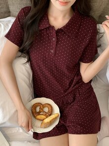 DAZY 女款夏季睡衣套裝 2件組，短袖半鈕扣翻領上衣配木耳邊飾與波點滿版印花，短版短褲 - 粉色 - 查看 7