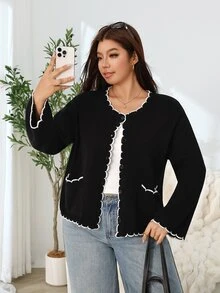 Solflare Plus Size Women Autumn Winter Black Long Sleeve Cardigan Sweater - Black - View 1