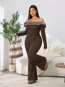 Solflare 大尺碼女款秋冬外出約會休閒通勤派對時尚都市多場景百搭兩件套，毛領保暖毛絨方領長袖修身T恤，高彈力羅紋針織喇叭褲，咖啡色組合 - 棕色 - 查看 3