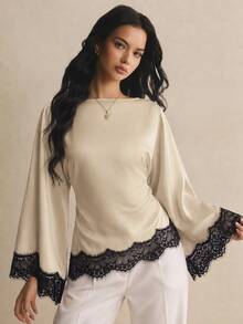 Poéselle Women's Lace Patchwork Casual Daily Long Sleeve Top - Khaki - View 1