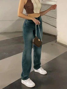 SHEIN Tall 極簡 Ins 風格 仿舊水洗 日常百搭 高腰修身牛仔褲 - 中等水洗藍 - 查看 3