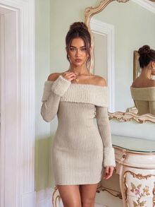 Glamine Charm Foldover Off Shoulder Ribbed Knit Sweater Dress - Khaki - View 4