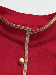 Balvessa Setelan 2 Potong Atasan Lengan Panjang dan Rok Kancing Pita Tenun Elegan untuk Wanita - Merah - View 3