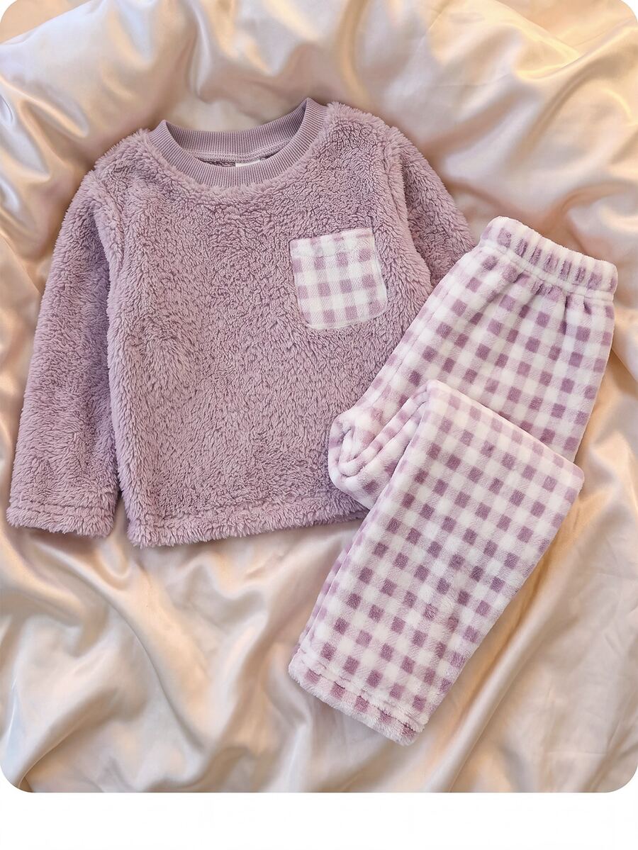 SHEIN Baby Girl Cute Autumn/Winter Casual Colorblock Plaid Long Sleeve Loungewear Set - Pink - View 1