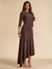 SHEIN BAE Fall Winter Chocolate Brown Ruched Asymmetric Hem Bodycon Elegant Midi Dress Thanksgiving Day Of The Dead Brunch Party Going Out - Brown - View 6