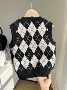 SHEIN 少女可愛粉色菱格紋針織背心，套頭式，學院風，秋冬外套，時尚度假必備 - 黑色 - 查看 2