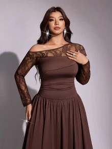 Viva Relle Plus Size Elegant Asymmetrical Shoulder Slim Fit Long Sleeve Dress - Coffee Brown - View 3