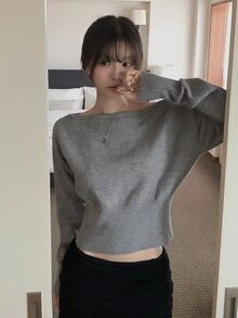 DAZY Solid Asymmetrical Neck Crop Sweater - Grey - View 2