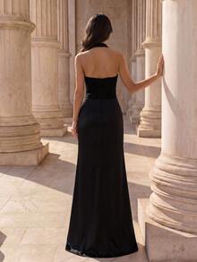 Coutiva Women's Lace Patchwork Pleated Elegant Cinched Waist Formal Evening Dress Halter Neck - Black - View 2