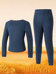 SHEIN 兒童青少年男孩休閒刷毛加厚長袖T恤與長褲套裝，霧藍色內著套裝，適合秋季、學校、居家穿著、家庭聚會、度假、派對，秋季穿搭，冬季穿搭 - 藍色 - 查看 2