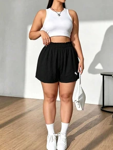 SHEIN LUNE Plus Size Casual Embroidered Elastic Waist Daily Shorts - Black - View 3