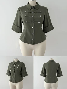 Sunspun Women Plus Size Army Green Utility Shirt, Fashion Button Decor Lapel Collar Blouse, Versatile Commute Mid Sleeve Shirt Top Fall - Army Green - View 7