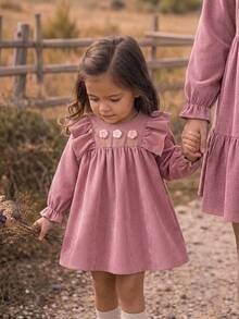 SHEIN Baby Girl Cute Casual Pink Corduroy Floral Pattern Dress - Pink - View 2