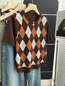 Franclia New Spring Summer Vintage Preppy Style Colorblock Plaid Knit Pullover Sweater For Women - Coffee Brown - View 8