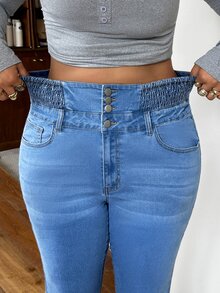 Rivivi Women Plus Size High Waist Stretch Blue Flare Jeans - Medium Wash - View 3