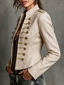 LUMIGAL Apricot Faux Linen Stand Collar Napoleon Metal Decorative Buttons Vintage Casual Style Short Jacket For Women - Apricot - View 4