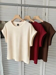 SHEIN LUNE Women's Casual Round Neck Dolman Sleeve Short T-Shirt 3pcs Set Suitable For Spring Summer Autumn - Multicolor - View 4